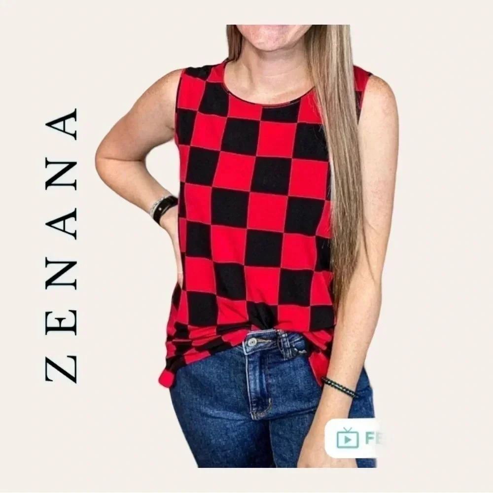 0503.‎ ZENANA SLEEVELESS TOP CHECKERED RED/BLACK IN COLOR SIZE LARGE
